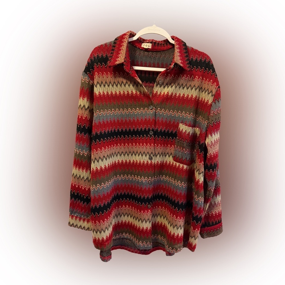 POL Zigzag Knit Button Front Shirt Cardigan, Size L - Picture 2 of 7